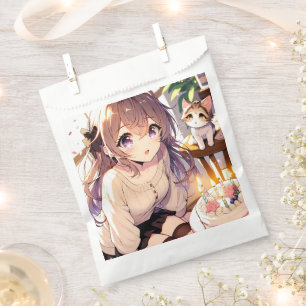 Pretty Anime Girl with Kitten and Birthday Cake Favour Bags