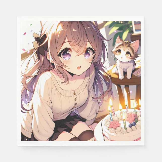 Pretty Anime Girl with Kitten and Birthday Cake Napkin (Front)