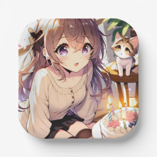 Pretty Anime Girl with Kitten and Birthday Cake Paper Plate