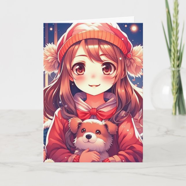Pretty Anime Girl with Puppy and Ear Muffs Holiday Card (Front)