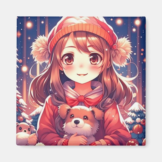 Pretty Anime Girl with Puppy and Ear Muffs Magnet (Front)