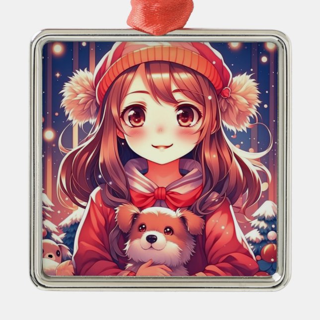 Pretty Anime Girl with Puppy and Ear Muffs Metal Tree Decoration (Front)