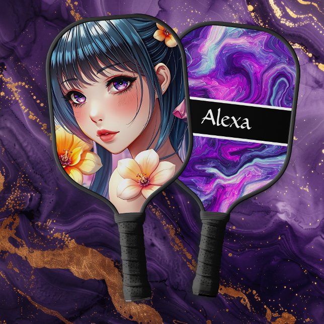 Pretty Anime Girl with Purple Eyes Personalised Pickleball Paddle (Creator Uploaded)
