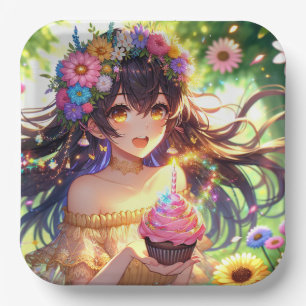 Pretty Anime Girl's Birthday Cupcake Paper Plate
