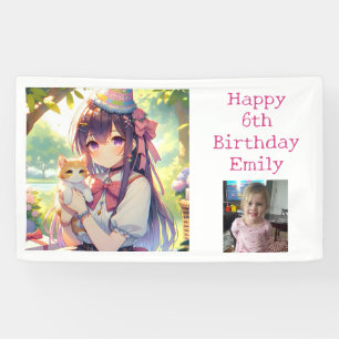 Pretty Anime Holding Kitten Girl's Birthday Banner