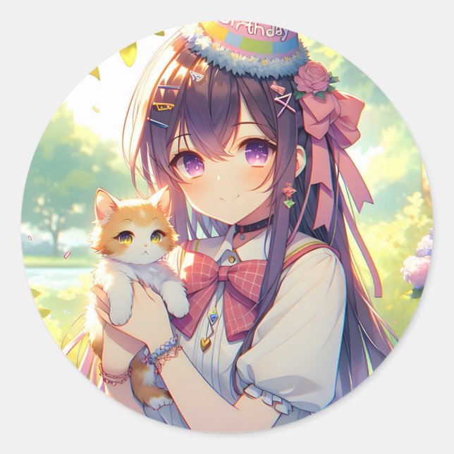 Pretty Anime Holding Kitten Girl's Birthday Classic Round Sticker (Front)