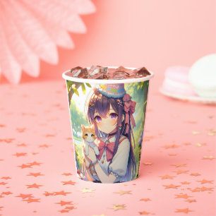 Pretty Anime Holding Kitten Girl's Birthday Paper Cups