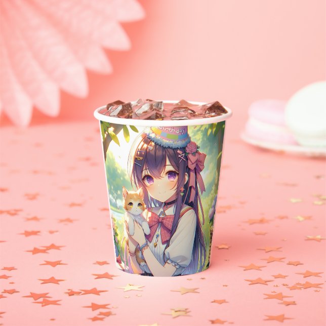 Pretty Anime Holding Kitten Girl's Birthday Paper Cups (Insitu)
