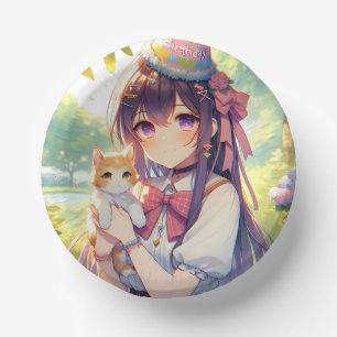 Pretty Anime Holding Kitten Girl's Birthday Paper Plate