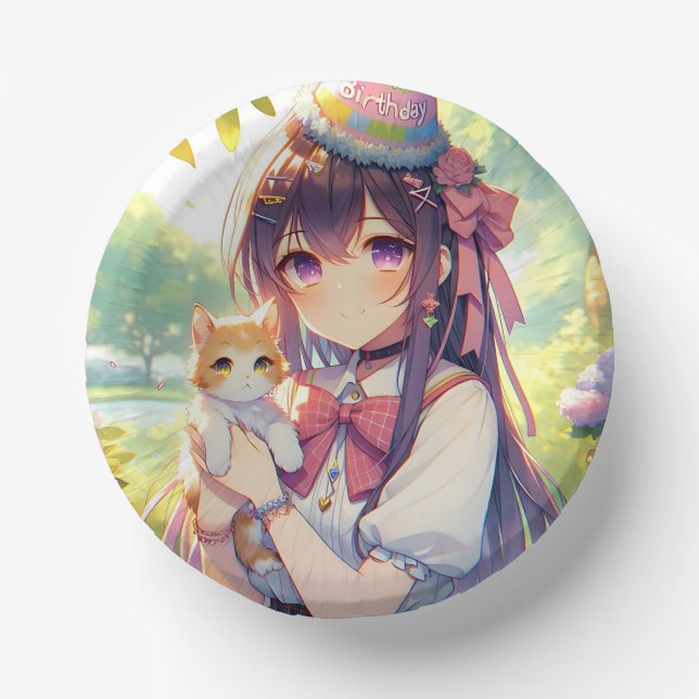 Pretty Anime Holding Kitten Girl's Birthday Paper Plate (Front)