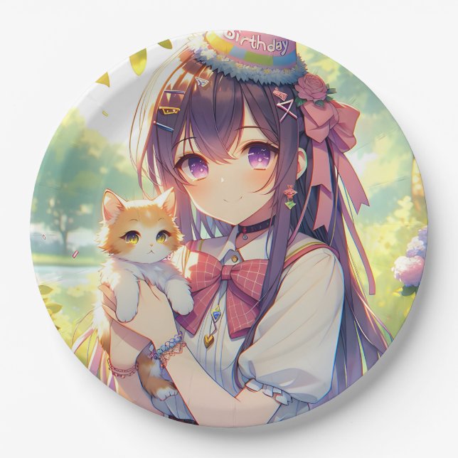 Pretty Anime Holding Kitten Girl's Birthday Paper Plate (Front)