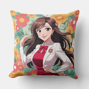 Pretty Anime Lady with Printed Floral Background Cushion