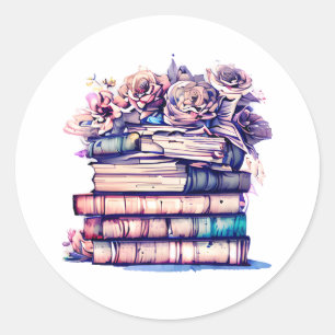 Pretty Antique Pile of Books and Vintage Roses Classic Round Sticker