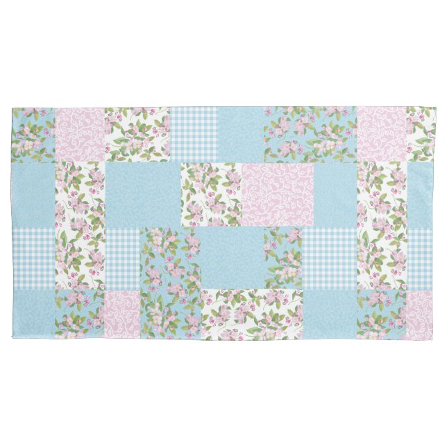 Pretty Apple Blossom Pink Blue Faux Patchwork Pillowcase (Front-Left)