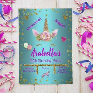 Pretty Aqua and Gold Magical Unicorn Birthday Invitation
