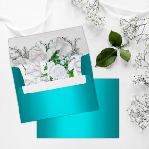 Pretty Aqua and White Floral Roses Wedding Envelope