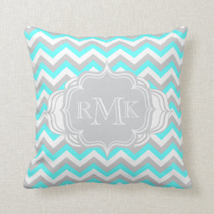 Pretty Aqua and White Girl's Room Chevron Monogram Cushion