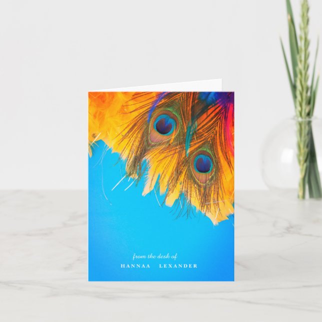 Pretty Aqua Blue Elegant Peacock Feather  Note Card (Front)