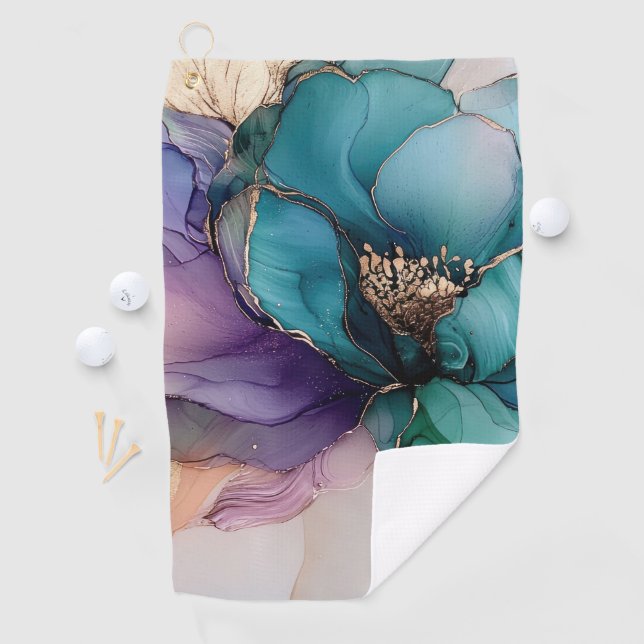 Pretty Aqua Blue Purple Gold Floral  Golf Towel (InSitu)