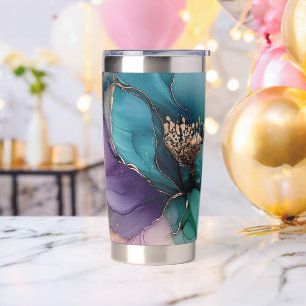 Pretty Aqua Blue Purple Gold Floral Insulated Tumbler