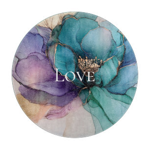 Pretty Aqua Blue Purple Gold Floral Love Cutting Board