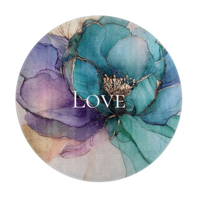 Pretty Aqua Blue Purple Gold Floral Love Cutting Board (Front)