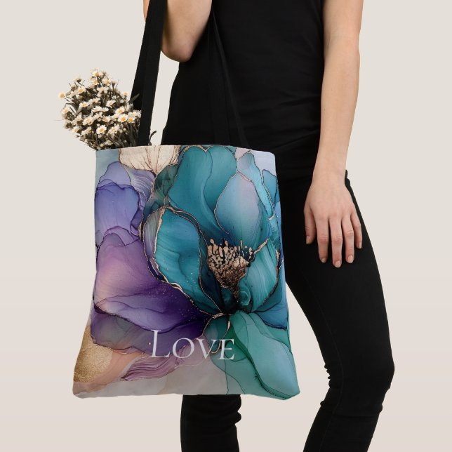 Pretty Aqua Blue Purple Gold Floral Love Tote Bag (Close Up)