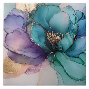 Pretty Aqua Blue Purple Gold Floral  Tile