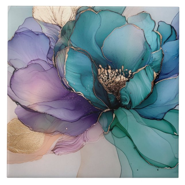 Pretty Aqua Blue Purple Gold Floral  Tile (Front)