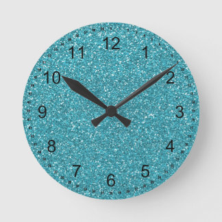 Pretty Aqua Blue Sparkly Faux Glitter Round Clock