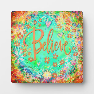 Pretty Aqua Floral Whimsical Boho Believe Plaque