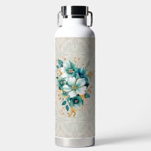PRETTY AQUA GOLD WHITE WATERCOLOR FLOWERS WATER BOTTLE