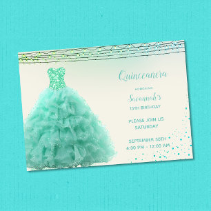 Pretty Aqua Green Gown Under Lights Quinceanera Invitation