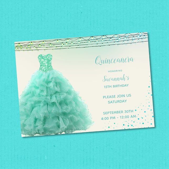 Pretty Aqua Green Gown Under Lights Quinceanera Invitation (Creator Uploaded)