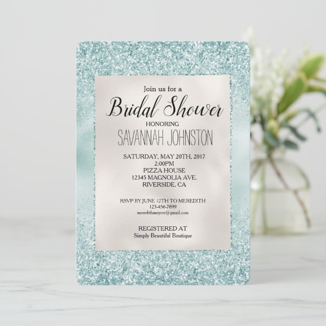 Pretty Aqua Mint Glitzy Glitter Bridal Shower Invitation (Standing Front)