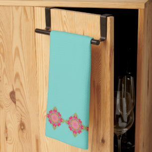 Pretty Aqua Pink and Green Floral Tea Towel