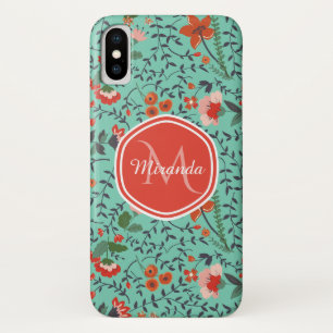 Pretty Aquamarine Orange and Red Floral Monogram Case-Mate iPhone Case
