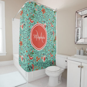 Pretty Aquamarine Orange and Red Floral Monogram Shower Curtain