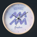 Pretty Aquarius Astrology Sign Personalised Purple Clock<br><div class="desc">This pretty,  personalised purple and lavender Astrology clock features your astrological sign from the Zodiac in a beautiful sparkle like the constellations. Customise this cute home decor gift with your name in beautiful cursive script for someone with a late January or early February birthday.</div>