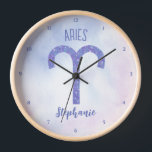 Pretty Aries Astrology Sign Personalised Purple Clock<br><div class="desc">This pretty,  personalised purple and lavender Aries wall clock features your astrological sign from the Zodiac in a beautiful sparkle like the constellations. Customise this cute gift with your name in beautiful cursive script for someone with a late March or early April birthday.</div>