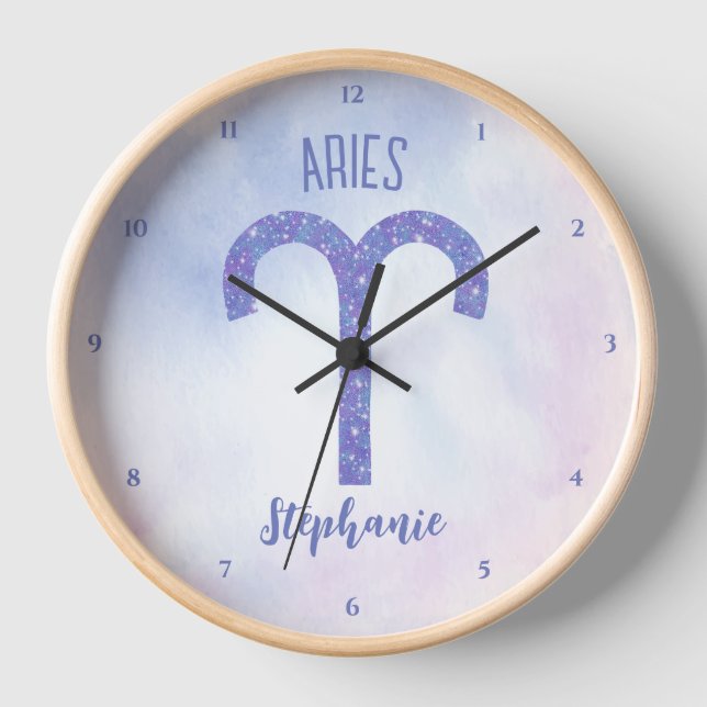 Pretty Aries Astrology Sign Personalised Purple Clock (Front)