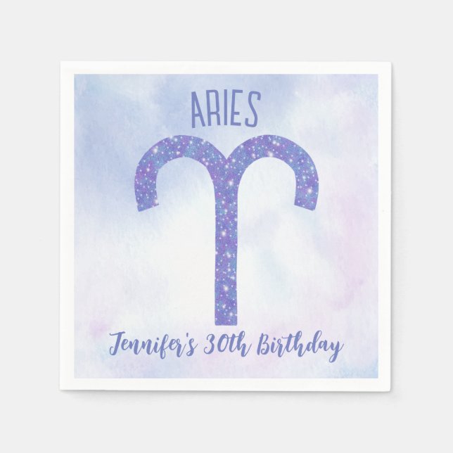 Pretty Aries Purple Astrology Sign Birthday Party Napkin (Front)