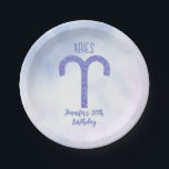 Pretty Aries Purple Astrology Sign Birthday Party Paper Plate<br><div class="desc">This pretty,  personalised purple and lavender Aries birthday party paper plate features your astrological sign from the Zodiac in a beautiful sparkle like the constellations. Customise this cute decor with your name in beautiful cursive script for someone with a late March or early April birthday.</div>