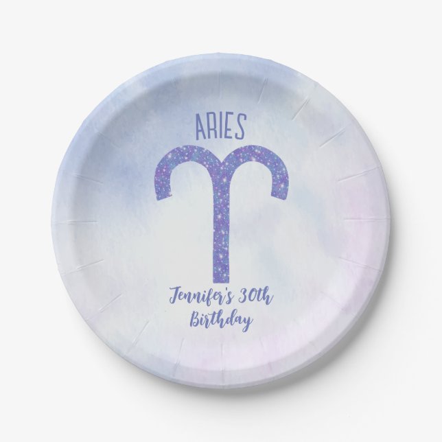 Pretty Aries Purple Astrology Sign Birthday Party Paper Plate (Front)