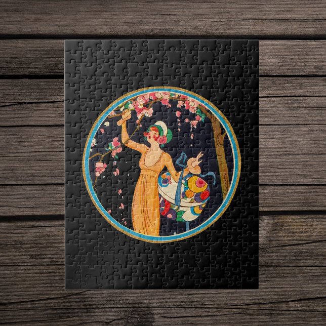 Pretty Art Deco Style Lady Cherry Blossom Tree Jigsaw Puzzle (Lady holding flowered box picking cherry blossom flowers in circle frame on black jigsaw puzzle.)