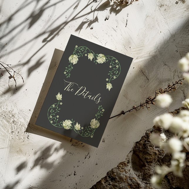 Pretty art nouveau white flowers The Details Enclosure Card (Dark background Art Nouveau style pretty flowers frame with "The Details" written in elegent script)