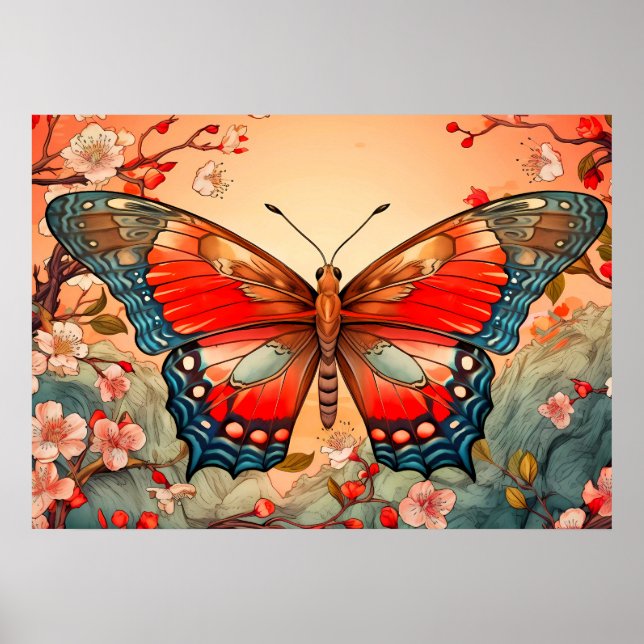Pretty Artistic Butterfly Illustration Art Poster (Front)