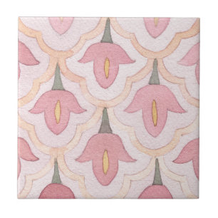 Pretty artistic flower painted pattern retro pink tile