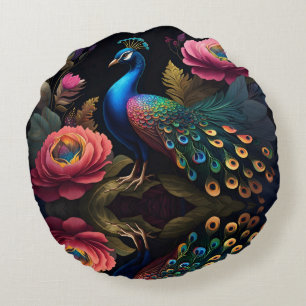 Pretty as a Peacock in Peonies Round Cushion