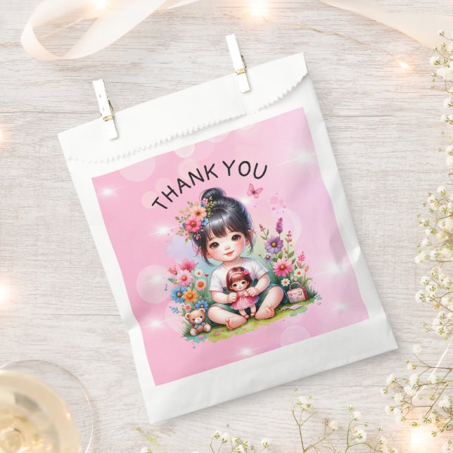 Pretty Asian Girl and Doll Birthday Thank You  Favour Bags (Clipped)